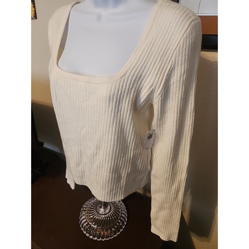 Old Navy Cream Square Neck Sweater Womens Size M Medium Ribbed Knit Pullover - Picture 2 of 6